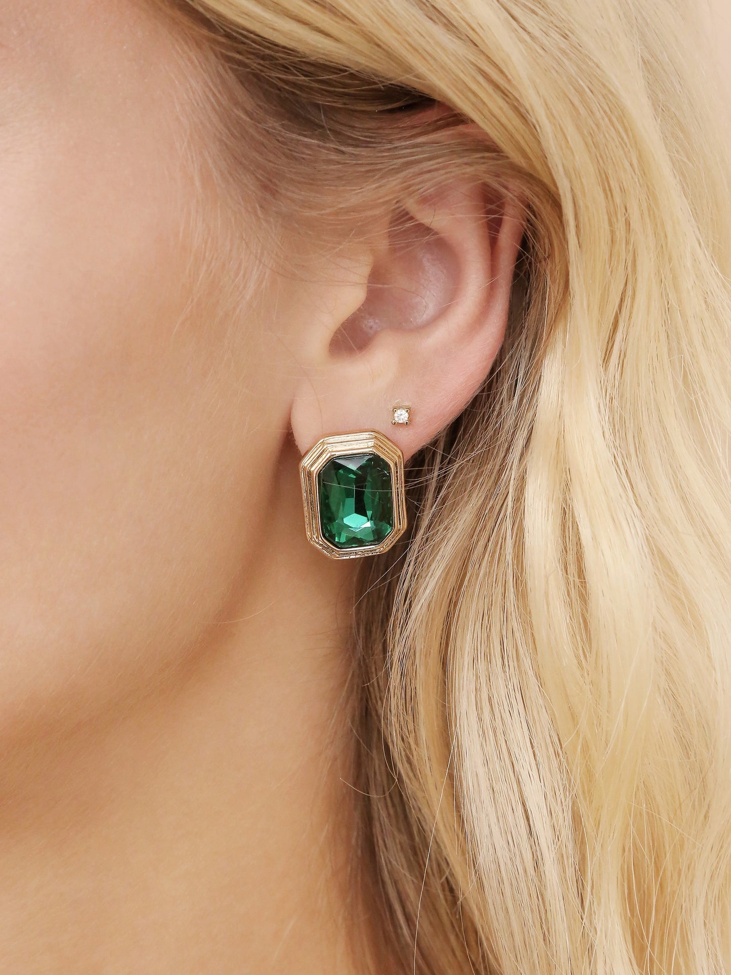 Emerald Deco Earrings on model