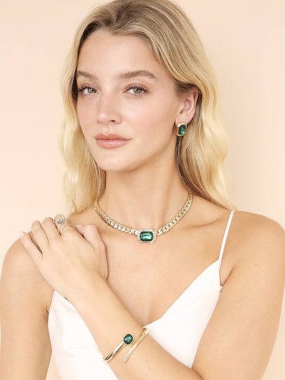 Emerald Deco Earrings on model 4