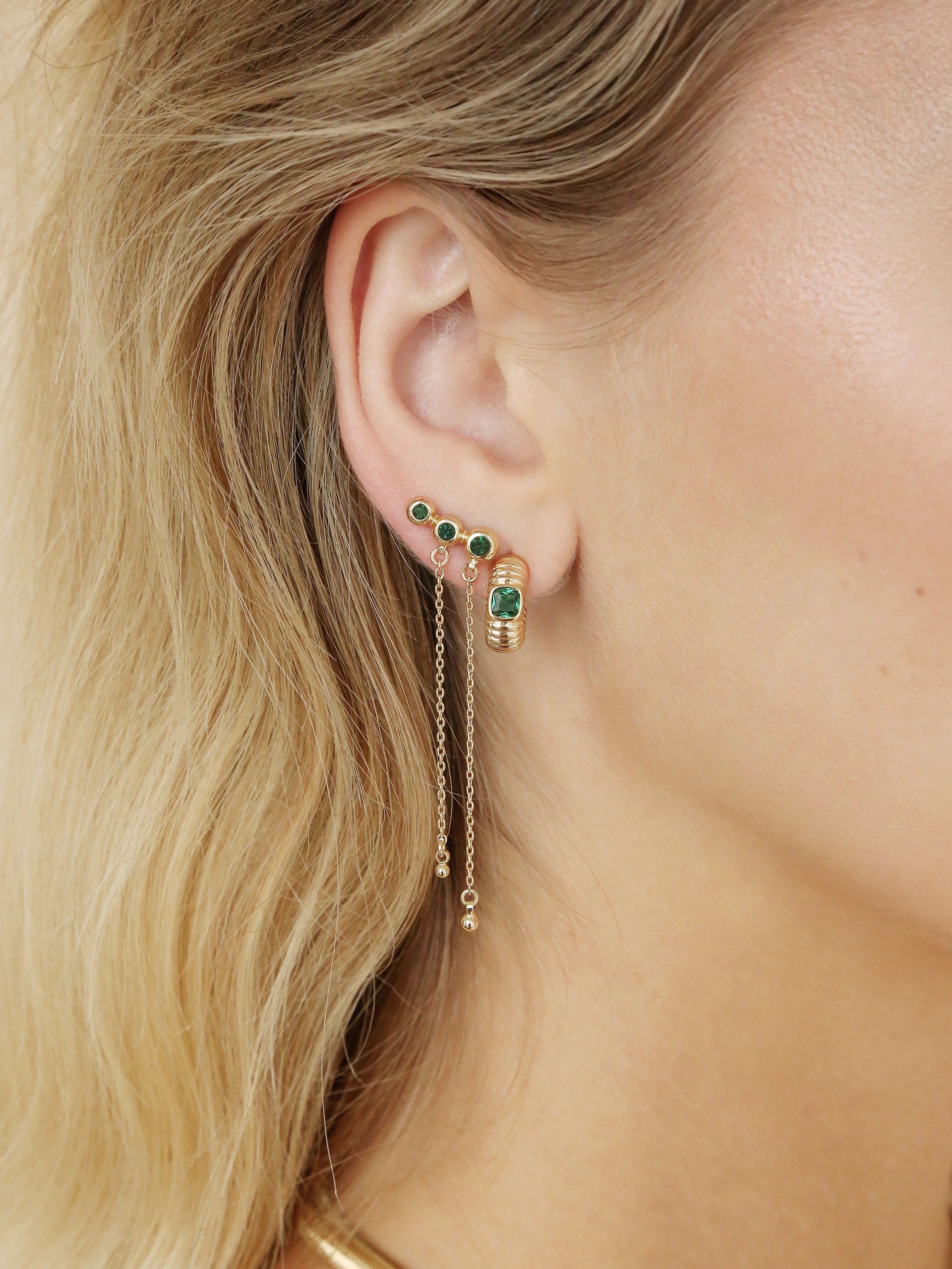 Emerald City Waterfall Earrings on model 4