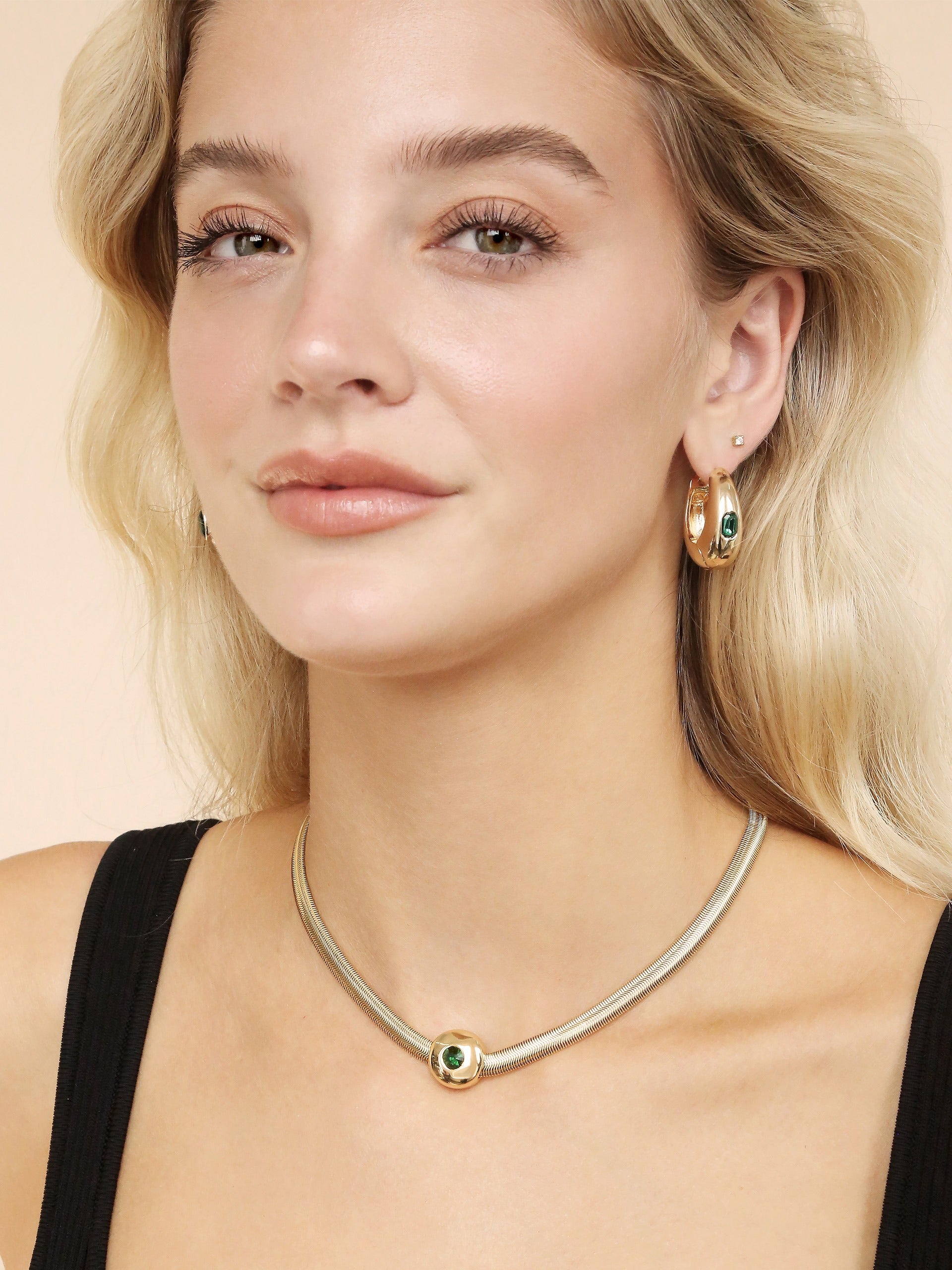 Emerald Deco Hoops on model 3