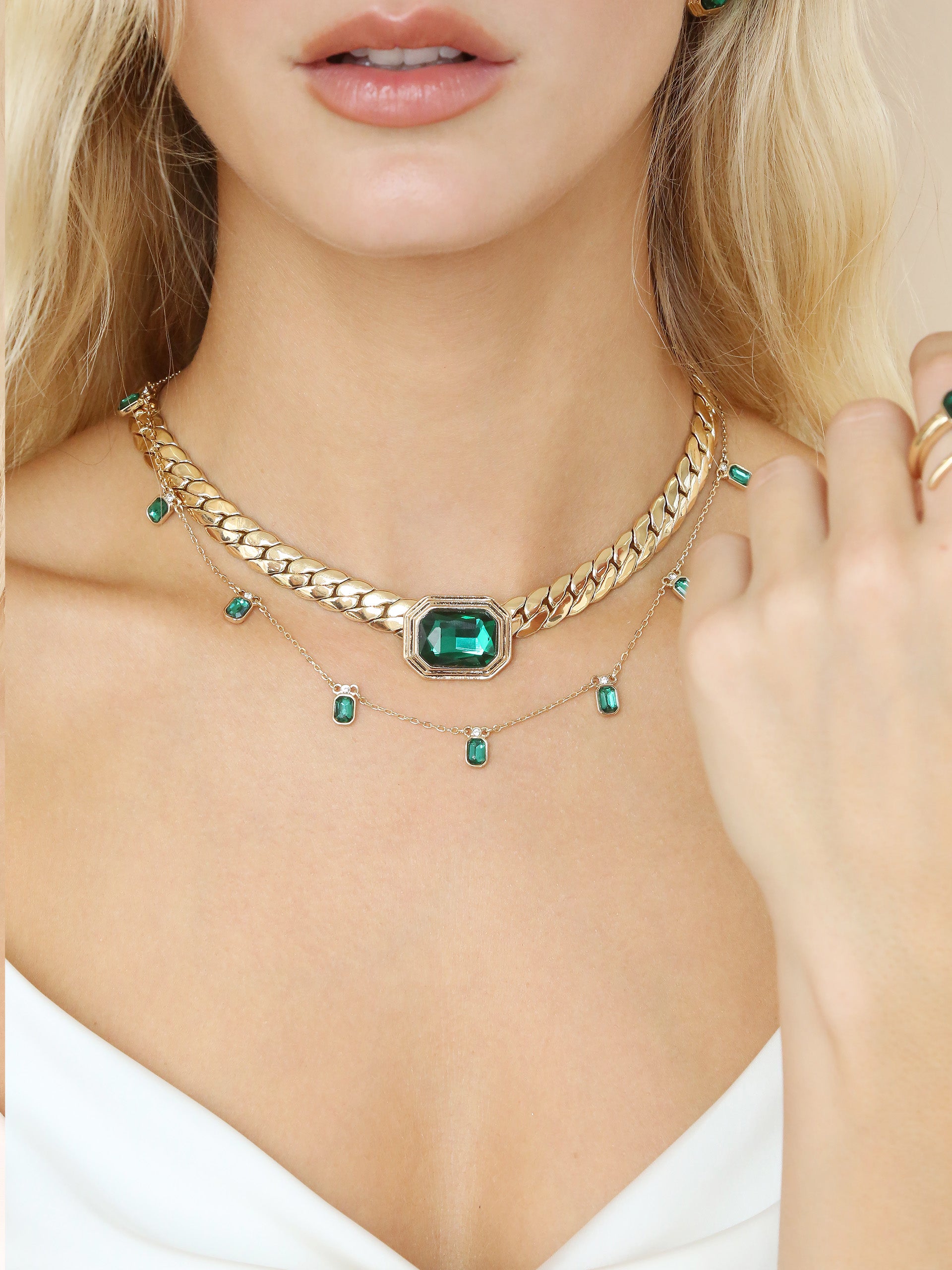 Emerald Deco Necklace on model 4