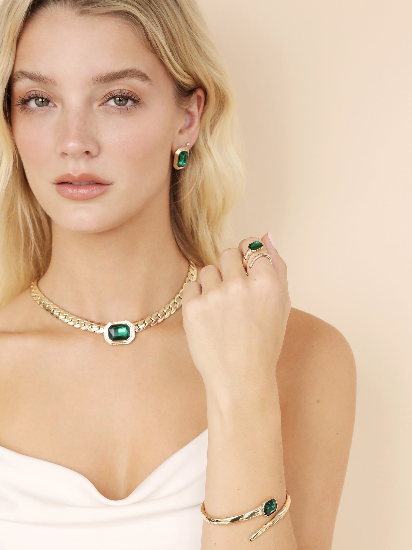 Emerald Deco Necklace on model 2