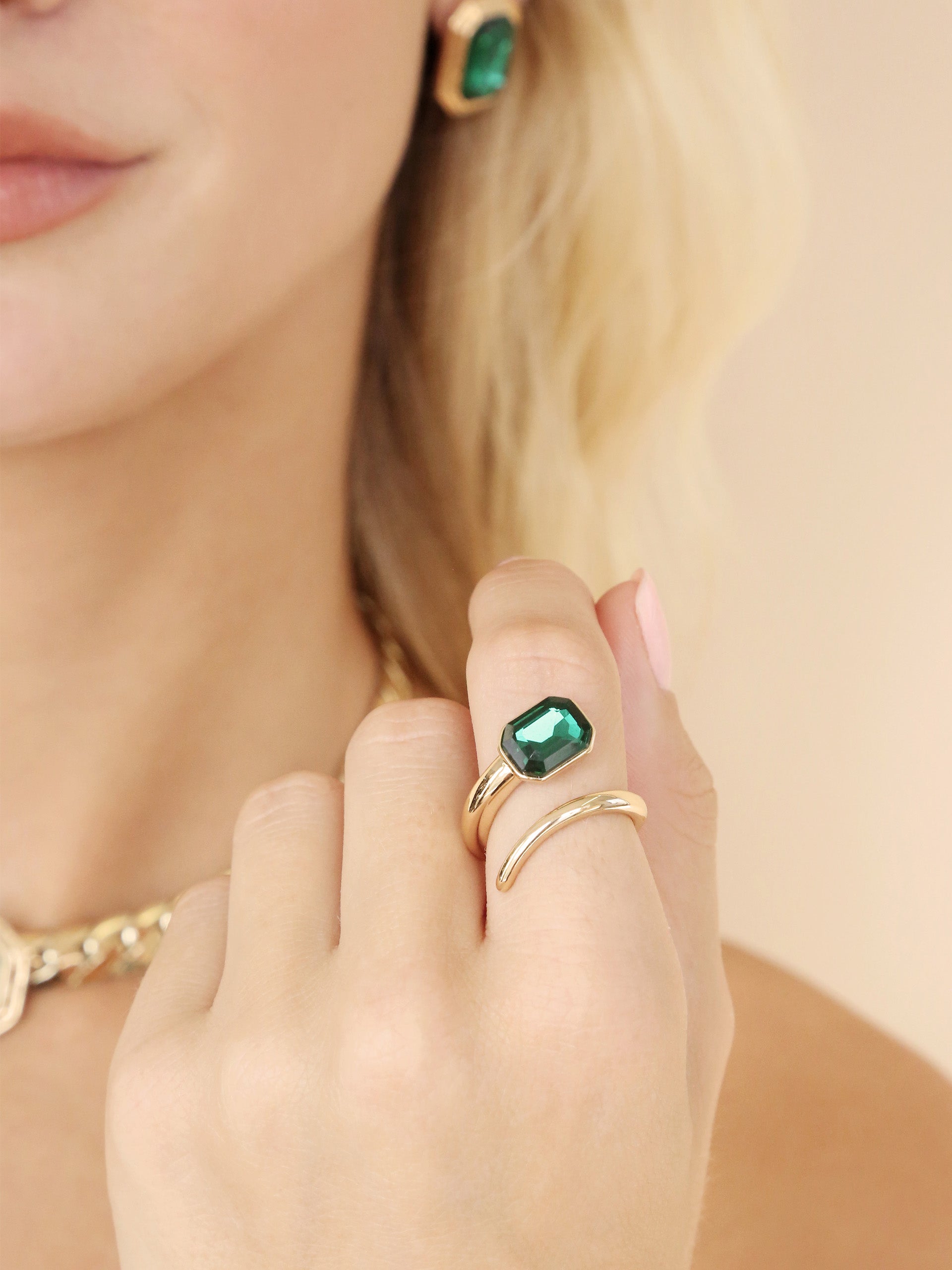 Emerald Deco Wrap Ring on model