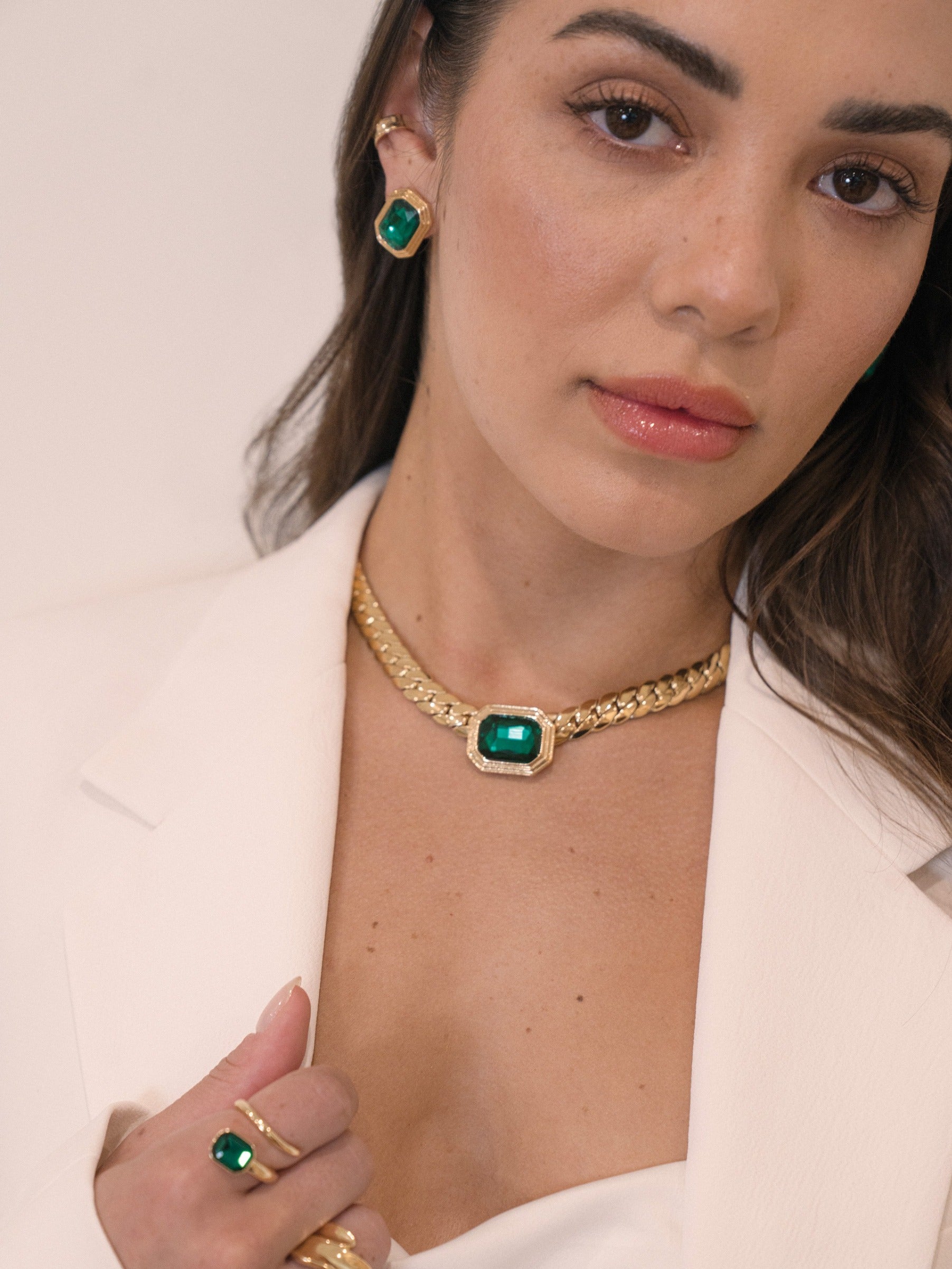 Emerald Deco Necklace on model 6