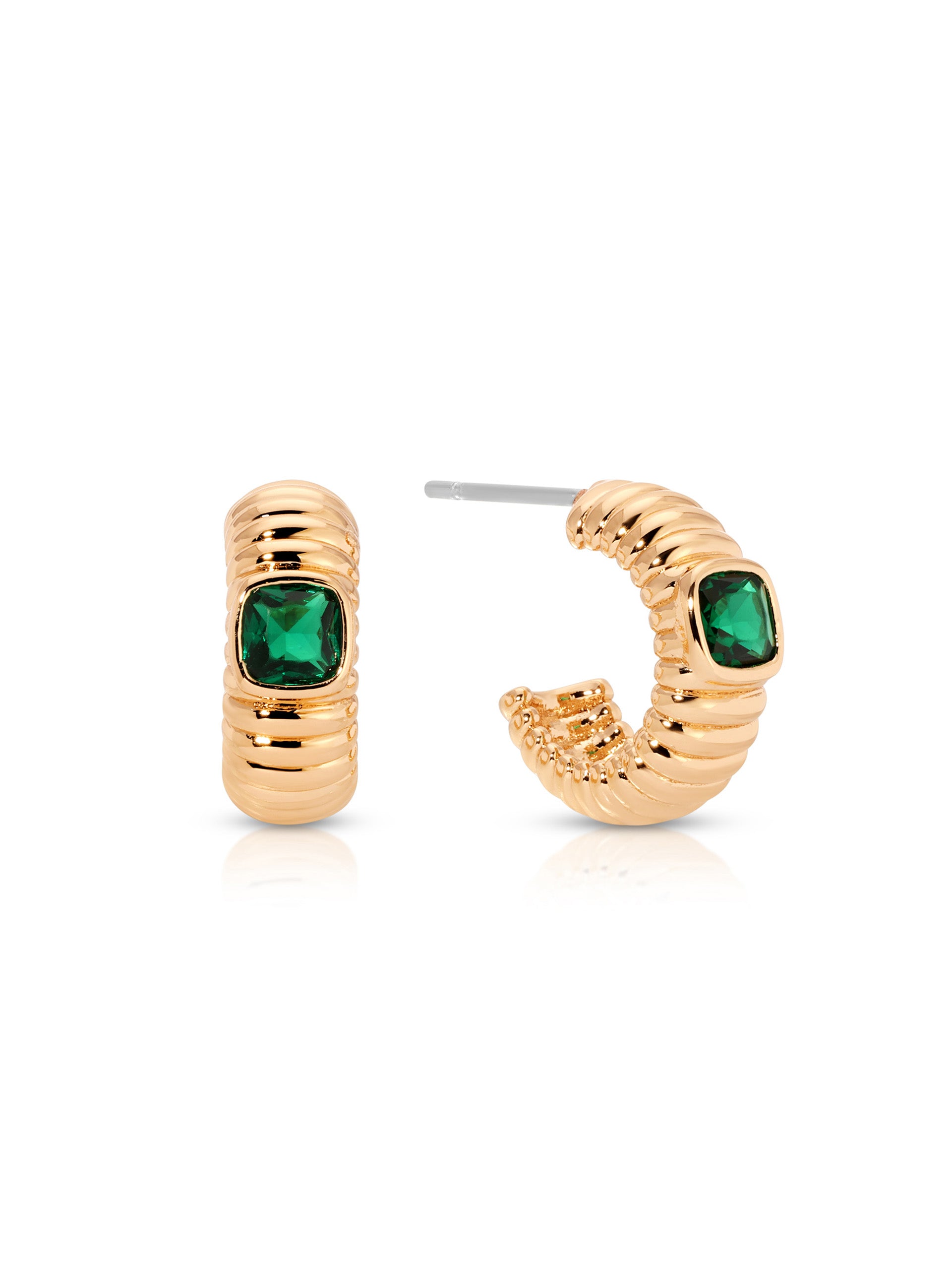 Ribbed Emerald Small Hoops