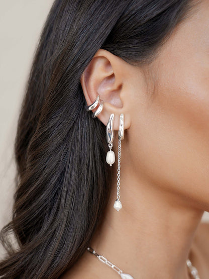 Linear Lux Pearl Drop Earrings on model 3