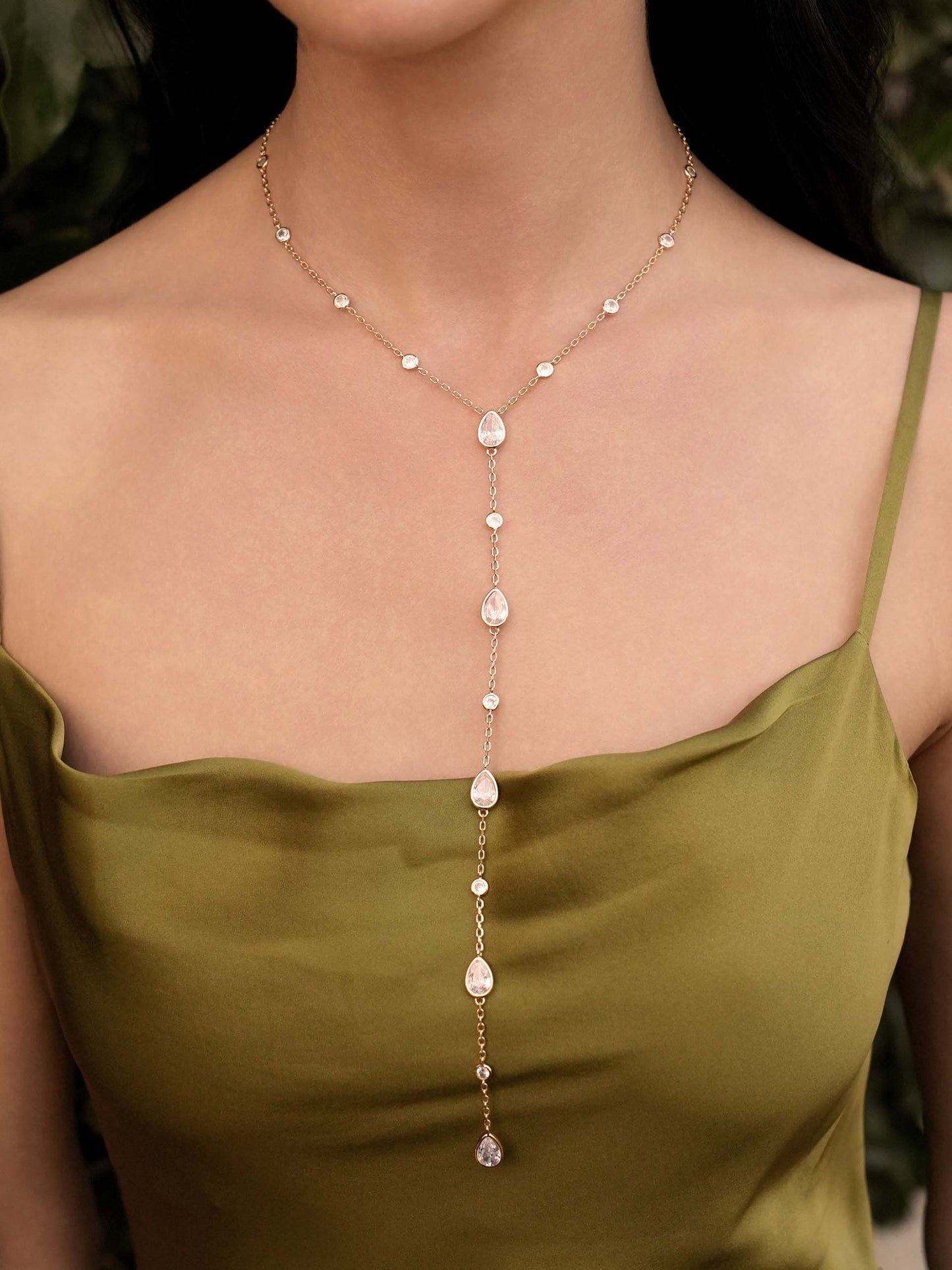 Marquise Crystal Lariat on model