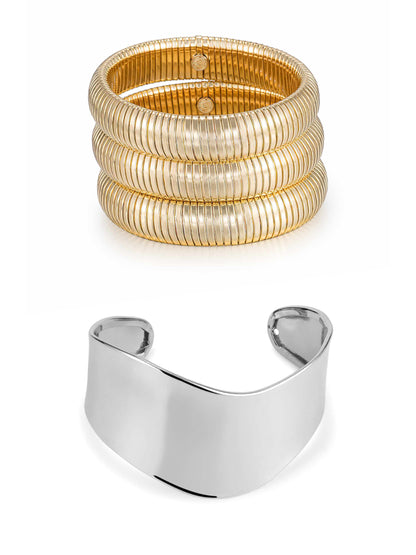 Flex Bracelets and Smooth Cuff Set in gold and silver