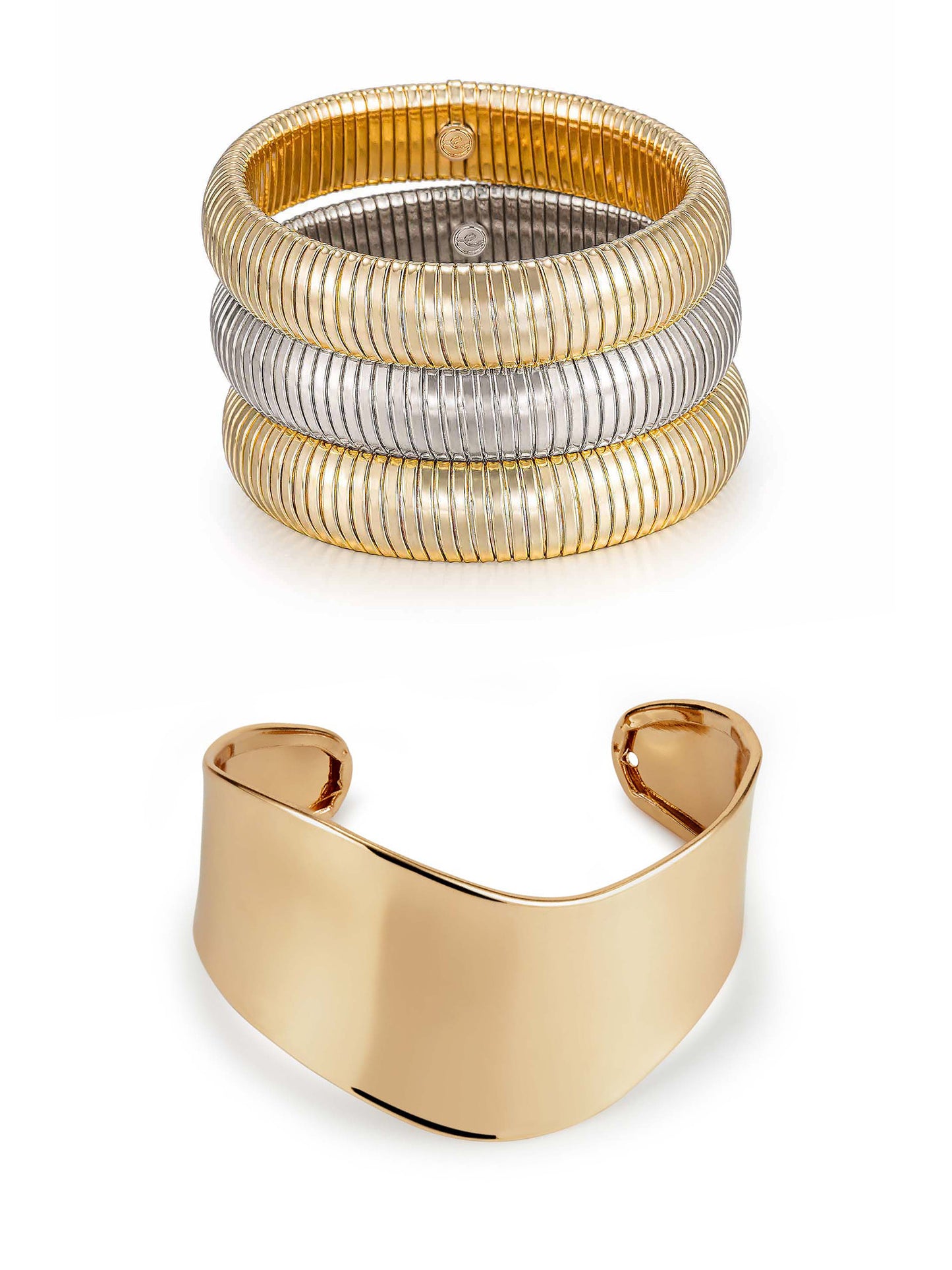 Flex Bracelets and Smooth Cuff Set in mixed metal and gold