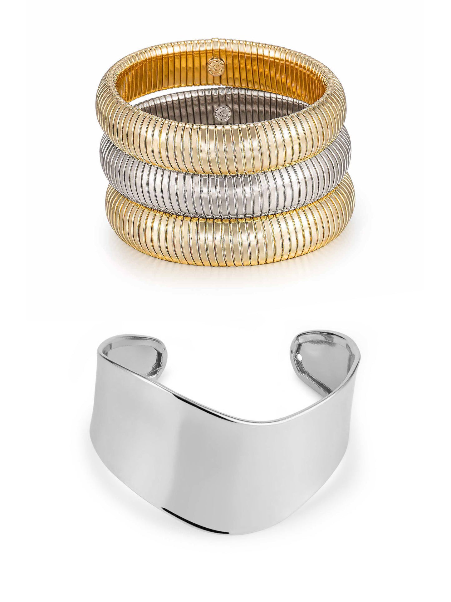 Flex Bracelets and Smooth Cuff Set in mixed metal and silver