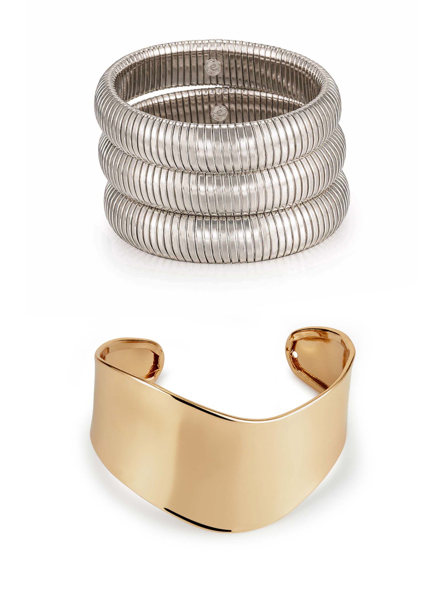 Flex Bracelets and Smooth Cuff Set in rhodium and gold