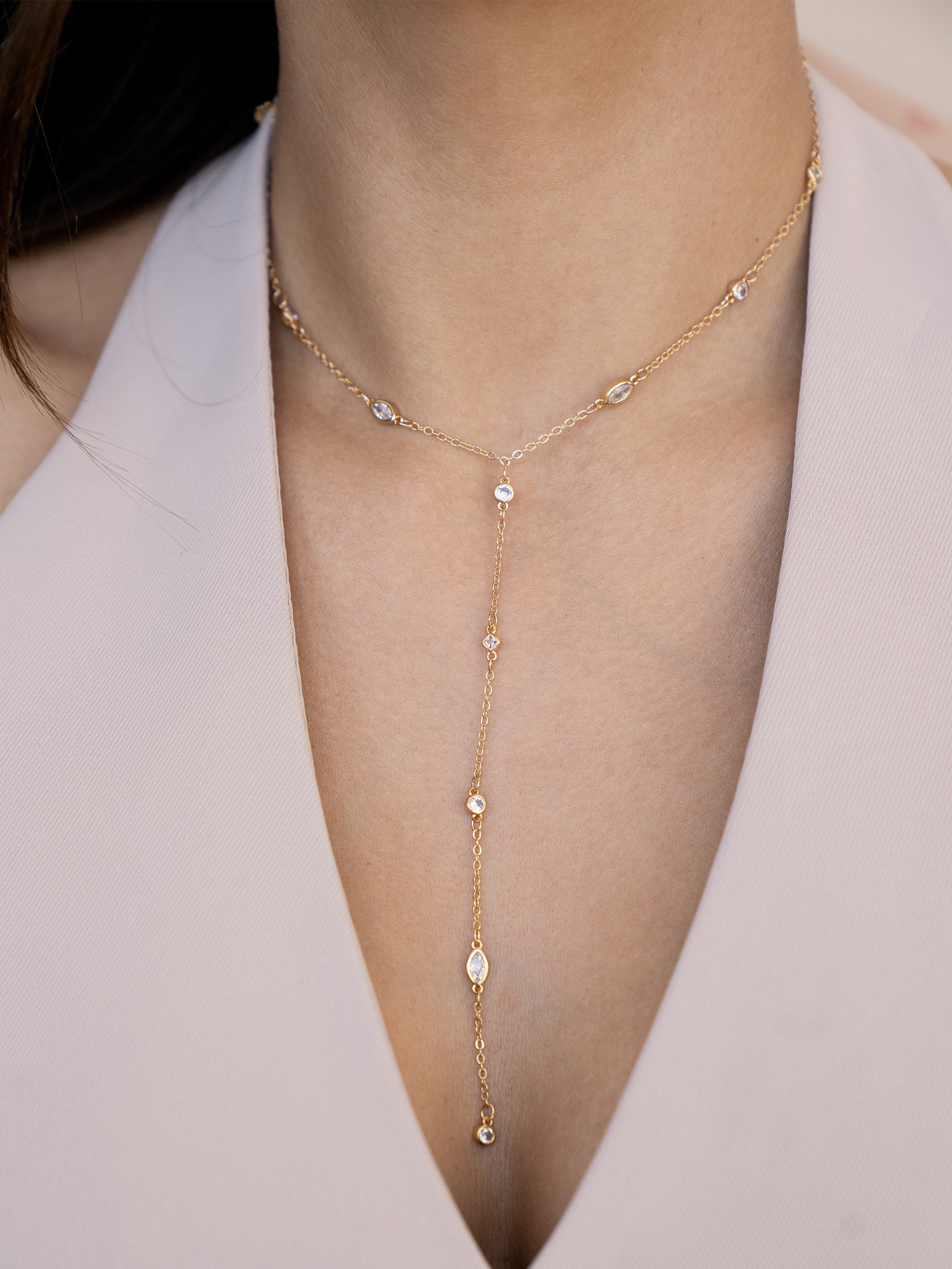 Simple Statement Crystal Dotted Lariat on model 1