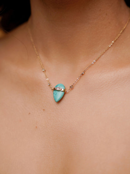 Turquoise Solstice Necklace on model 3