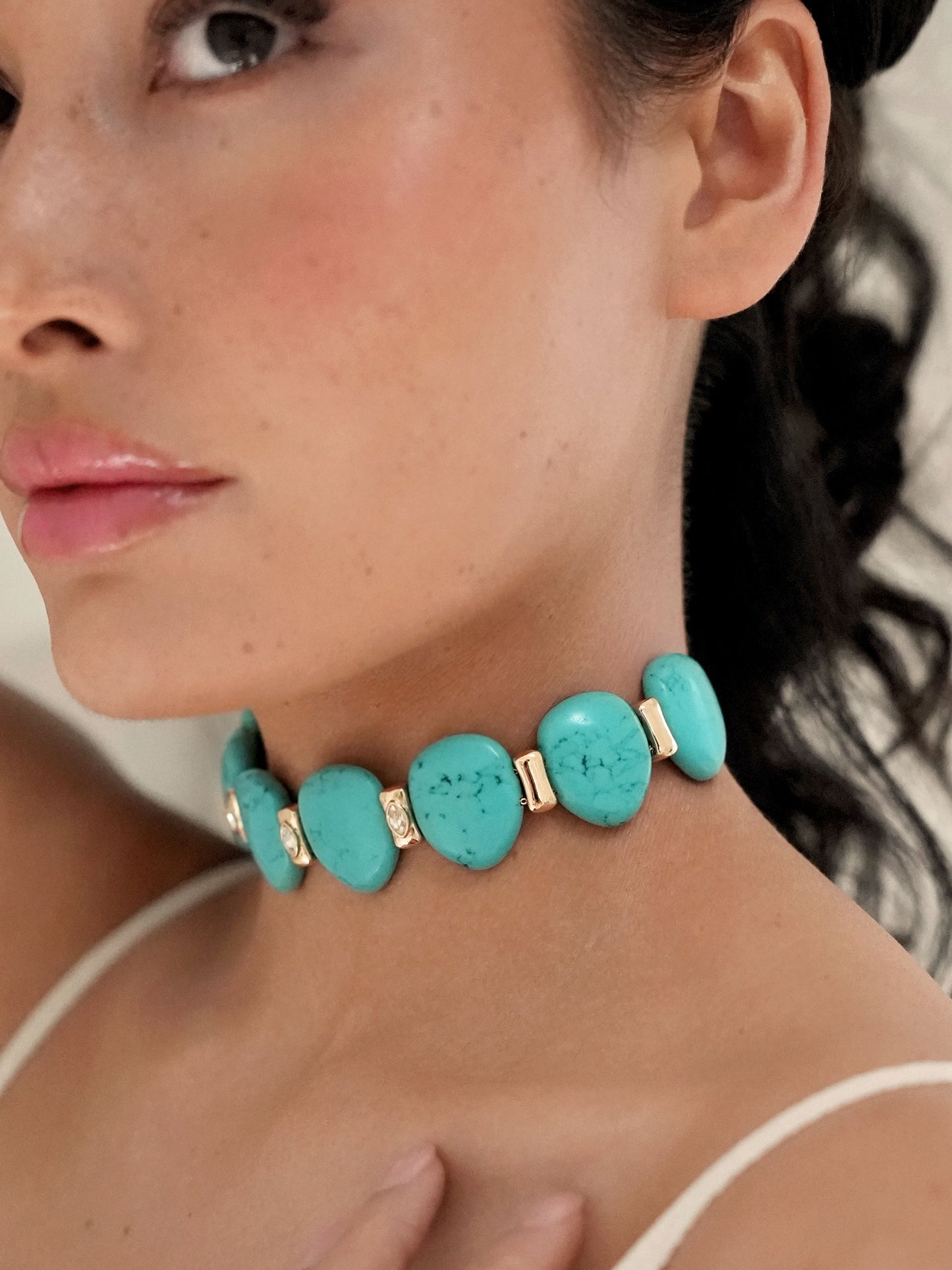 Turquoise Solstice Choker on model 2