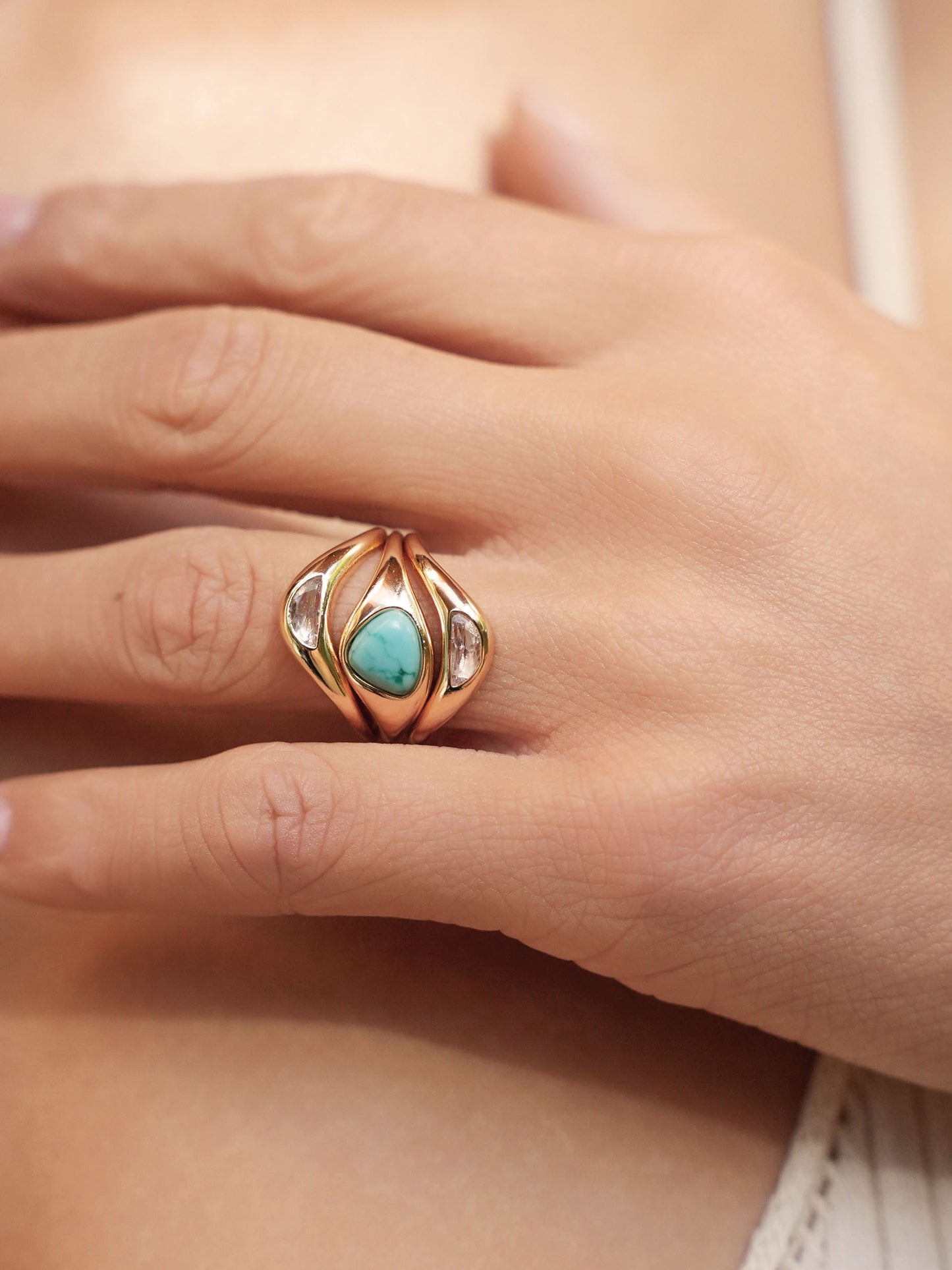 Turquoise Solstice Ring Stack on model