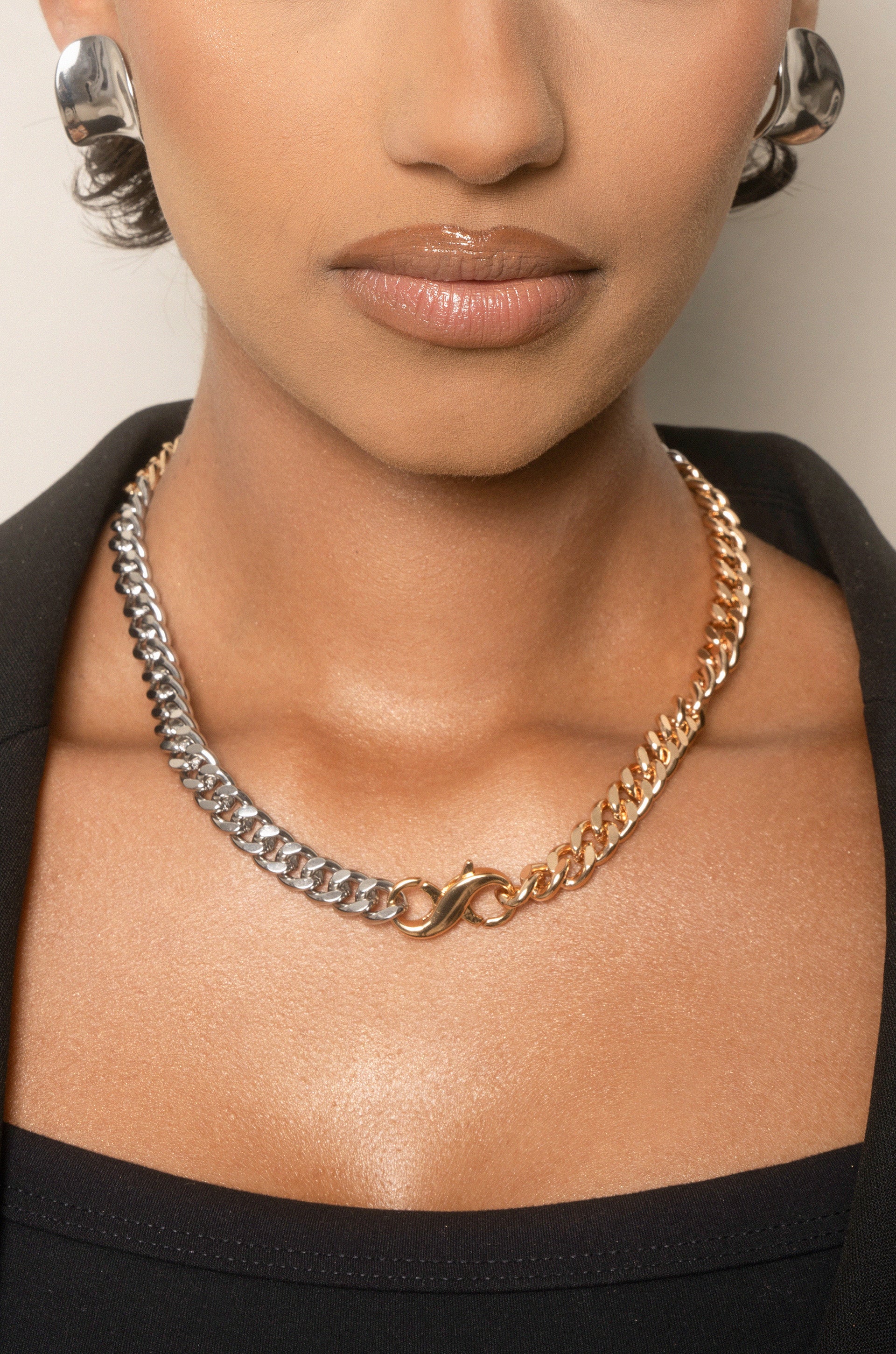 Linked Chain Necklace and Curved Studs on model