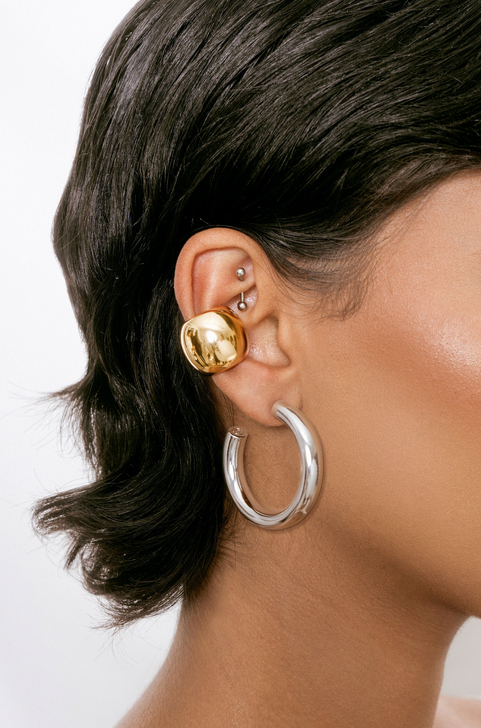 Thick Medium Hoops (1.5") and Chunky Cuff Set 1 on model