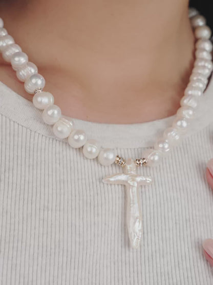 Organic Pearl Cross Necklace