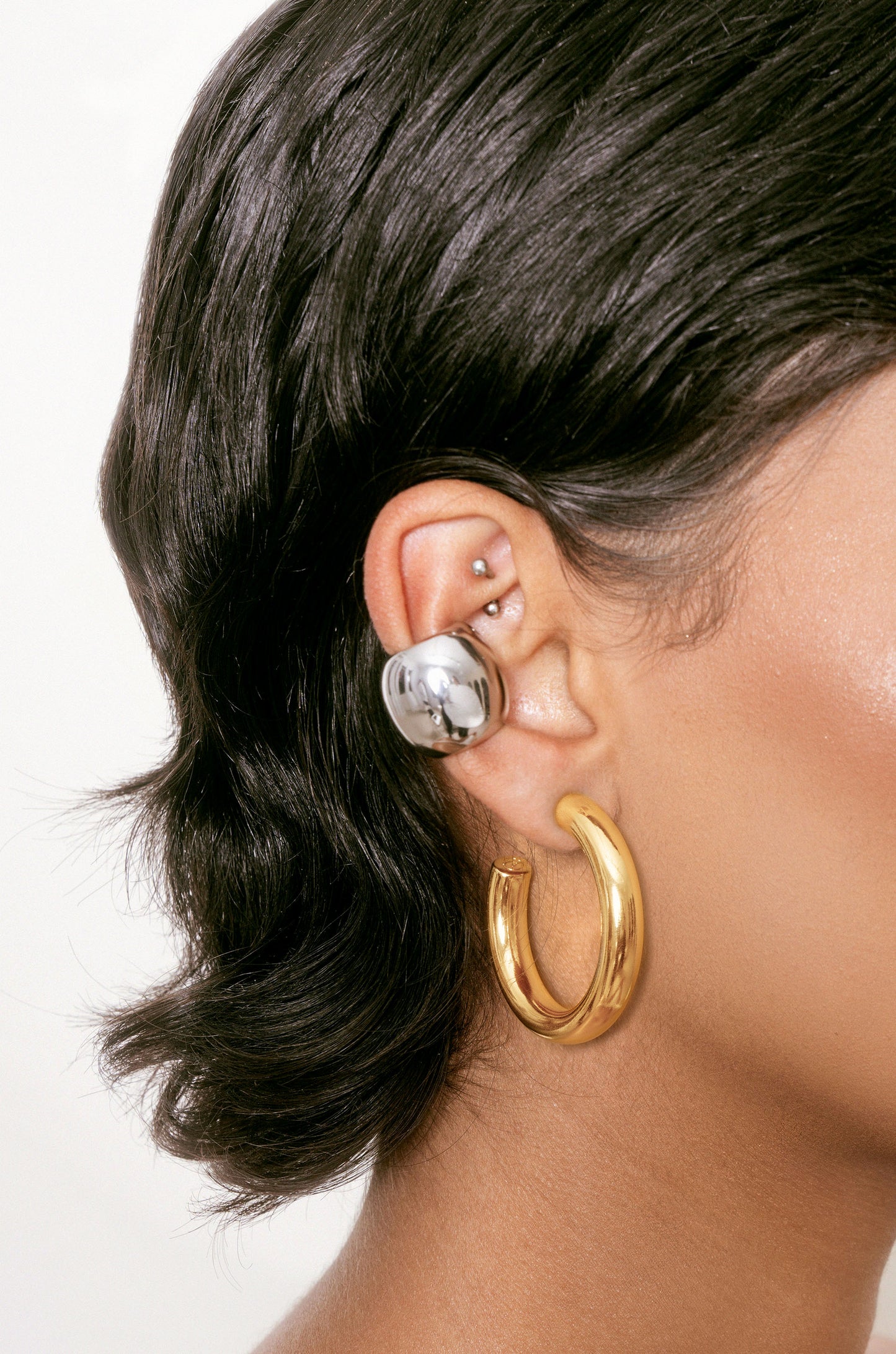 Thick Medium Hoops (1.5") and Chunky Cuff Set 3 on model