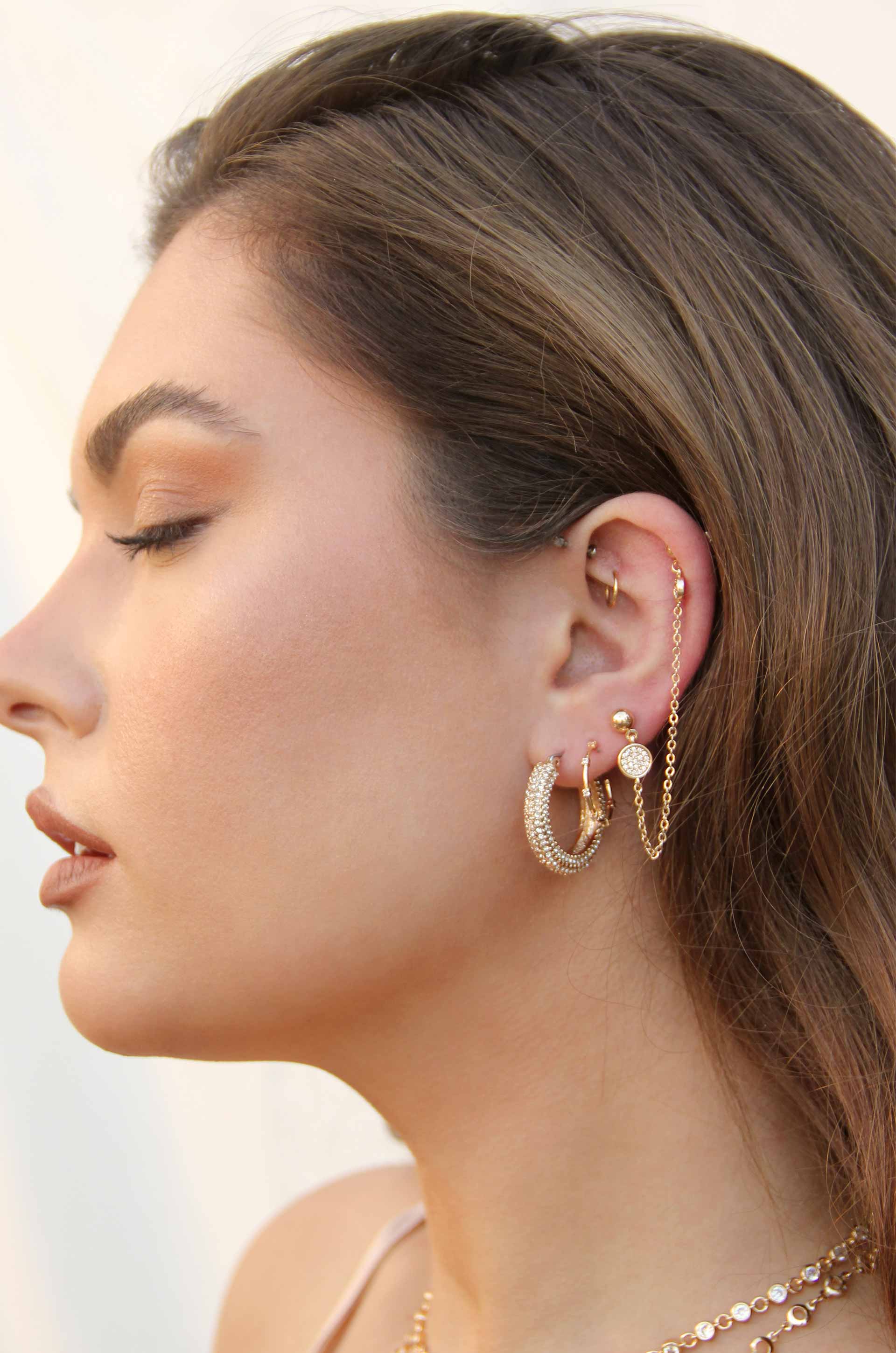 Double Piercing Chain Drop Earrings on model