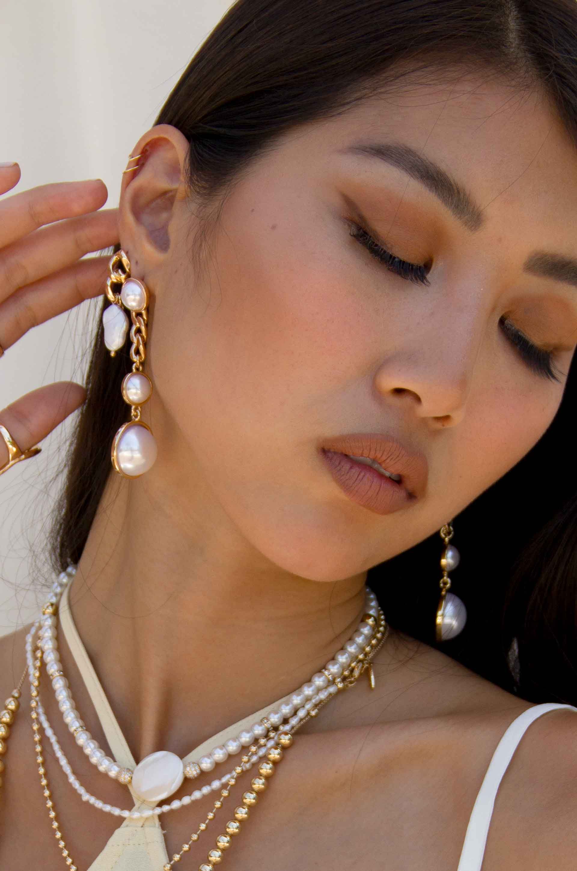 Precious Pearl Drop Earrings on model