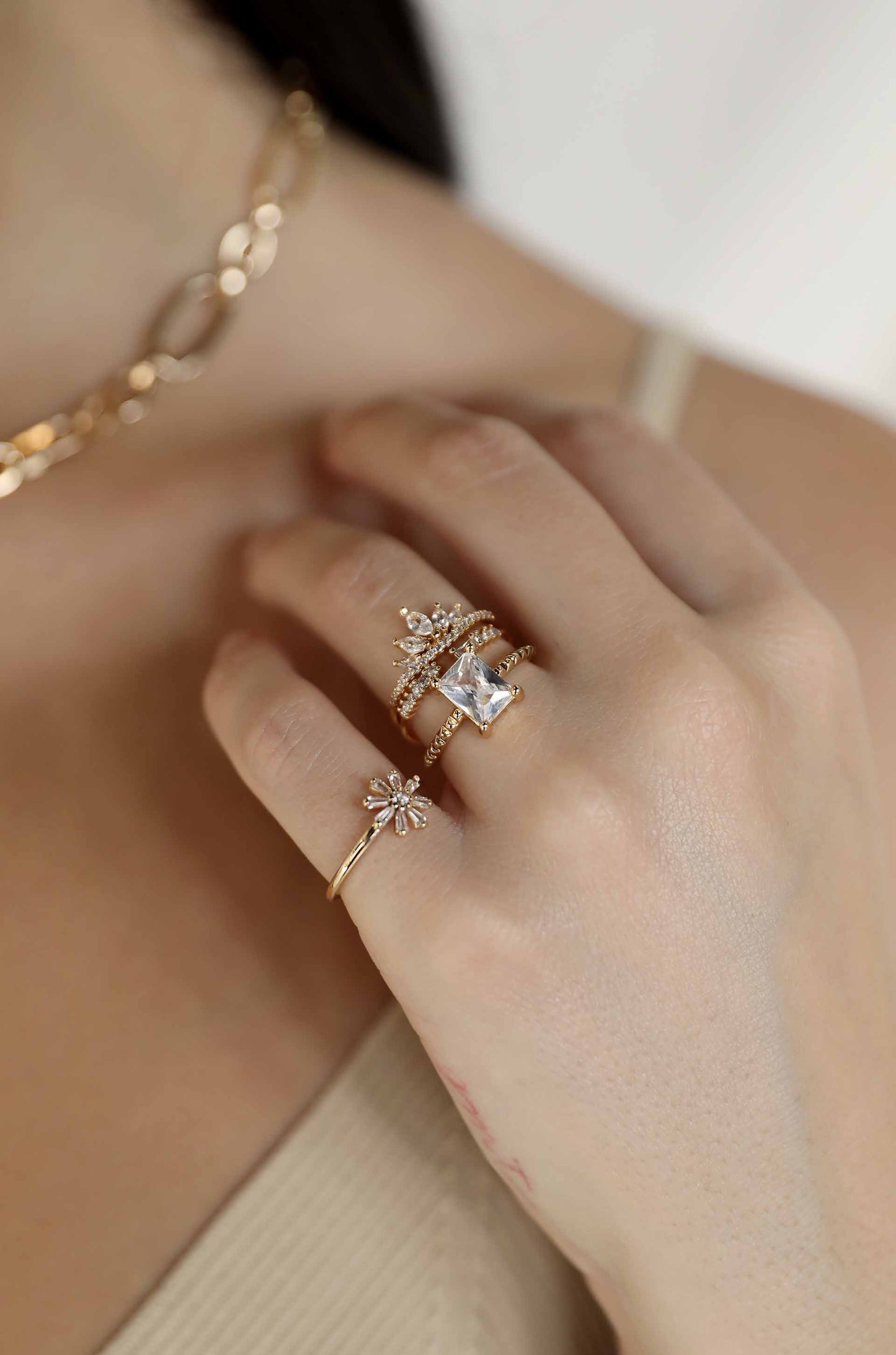 18k Delicate Ettika – Daisy Ring Set Gold Plated Crystal
